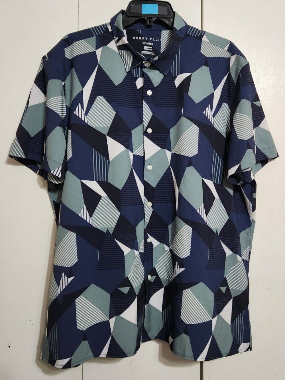 Perry Ellis XXL Mens Shirt Short Sleeve Geometric Modern Abstract Blue Stretch
